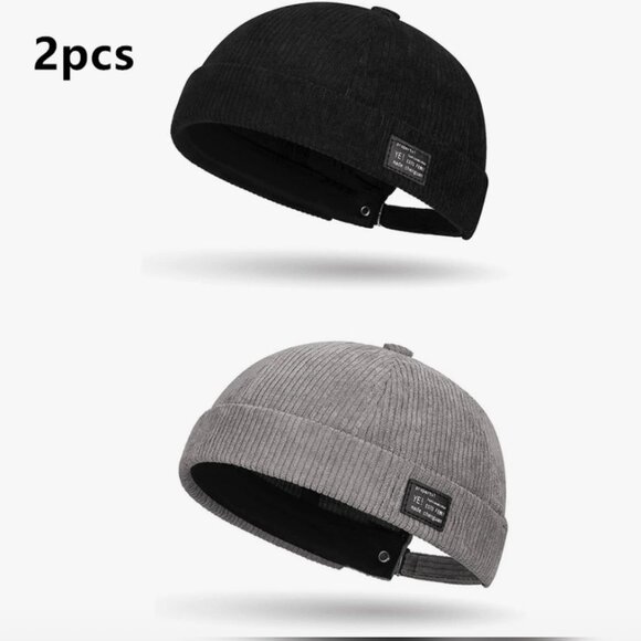 New Unisex Corduroy Beanie Cap With Leather Patch, Retro-Style Dome Hat 2-Pack - Picture 1 of 3